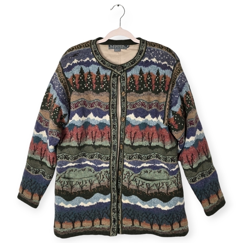 Vintage Icelandic Design Wool Woodland Intarsia Knit Sweater Cardigan Jacket